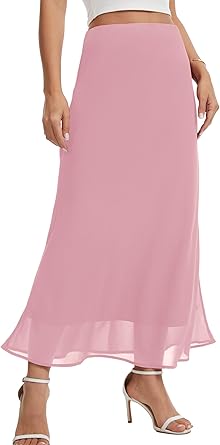 Women's Chiffon Maxi Skirt High Elastic Waist A-Line Flowy Midi Skirt with Lining Business Casual Floral Long Skirts