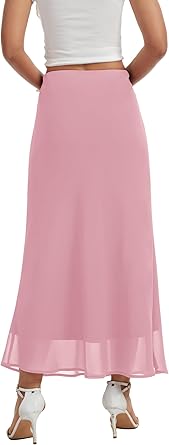Women's Chiffon Maxi Skirt High Elastic Waist A-Line Flowy Midi Skirt with Lining Business Casual Floral Long Skirts