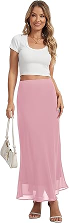 Women's Chiffon Maxi Skirt High Elastic Waist A-Line Flowy Midi Skirt with Lining Business Casual Floral Long Skirts