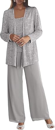 3 Pieces Chiffon Mother of the Bride Pant Suits
